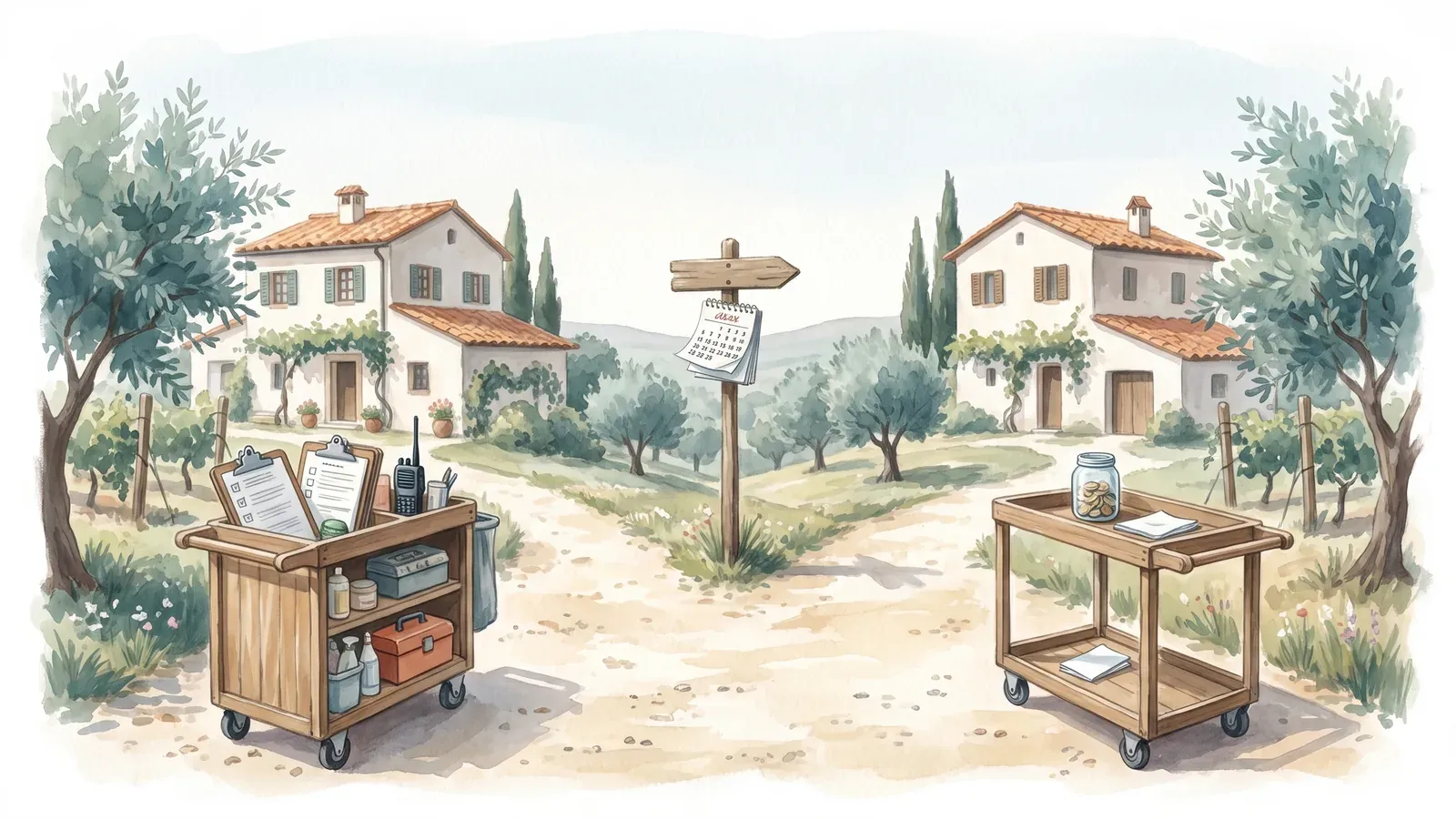 Watercolor of two cleaning carts at a fork in a gravel path between villas, one stacked with clipboards and a radio, the other bare except for a jar of coins, with a calendar page pinned to the signpost