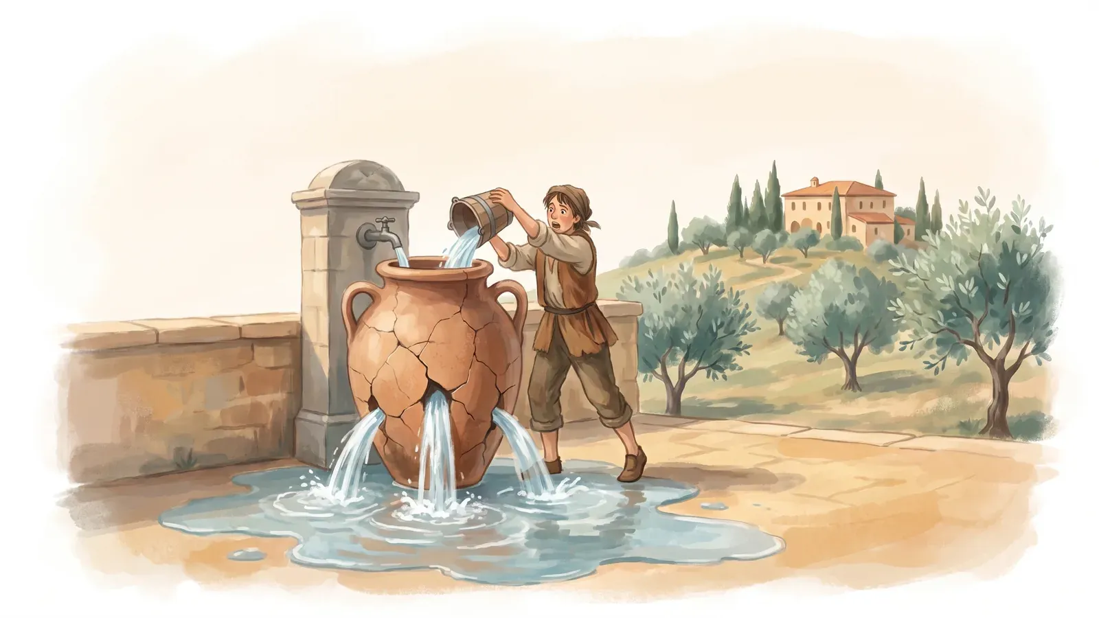 Watercolor of someone pouring fountain water into a cracked clay amphora that leaks out as fast as it fills
