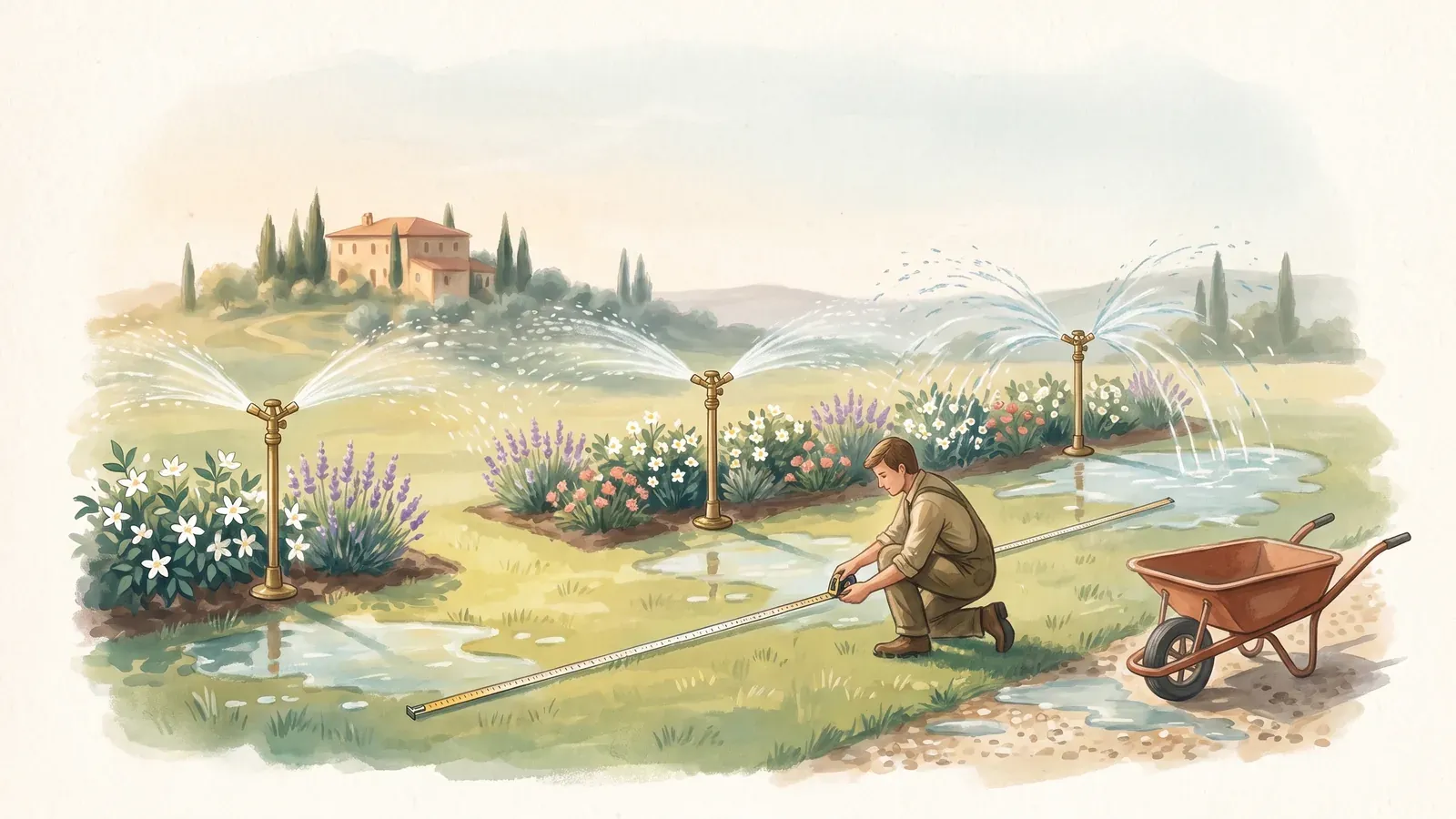 Watercolor of three garden sprinklers in a row, each watering a different-sized patch of lawn while a gardener measures the patches with a tape
