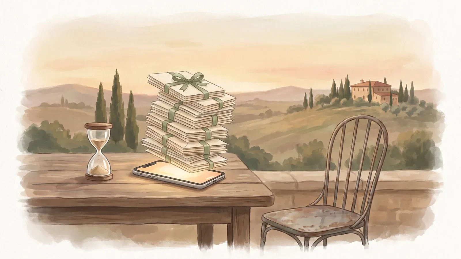 Watercolor of an hourglass with a pinch of sand left beside a glowing phone stacked with unopened envelopes on a terrace table, and an empty chair across from it