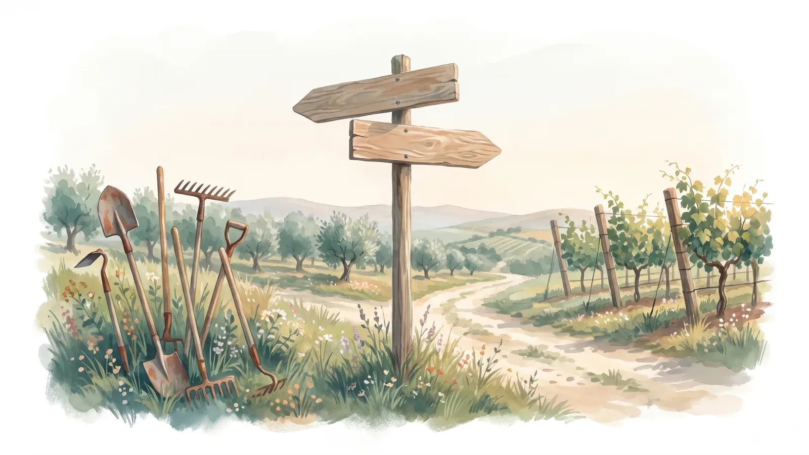 Watercolor of a blank wooden signpost between rusted farm tools and a tended vineyard trellis