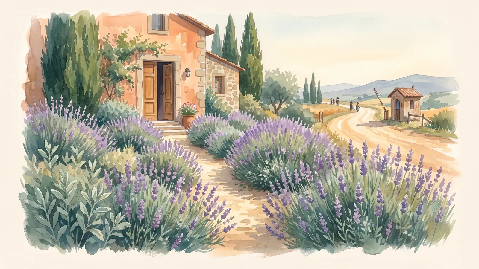 Watercolor of a quiet lavender path leading to a villa door while a busier road curves away