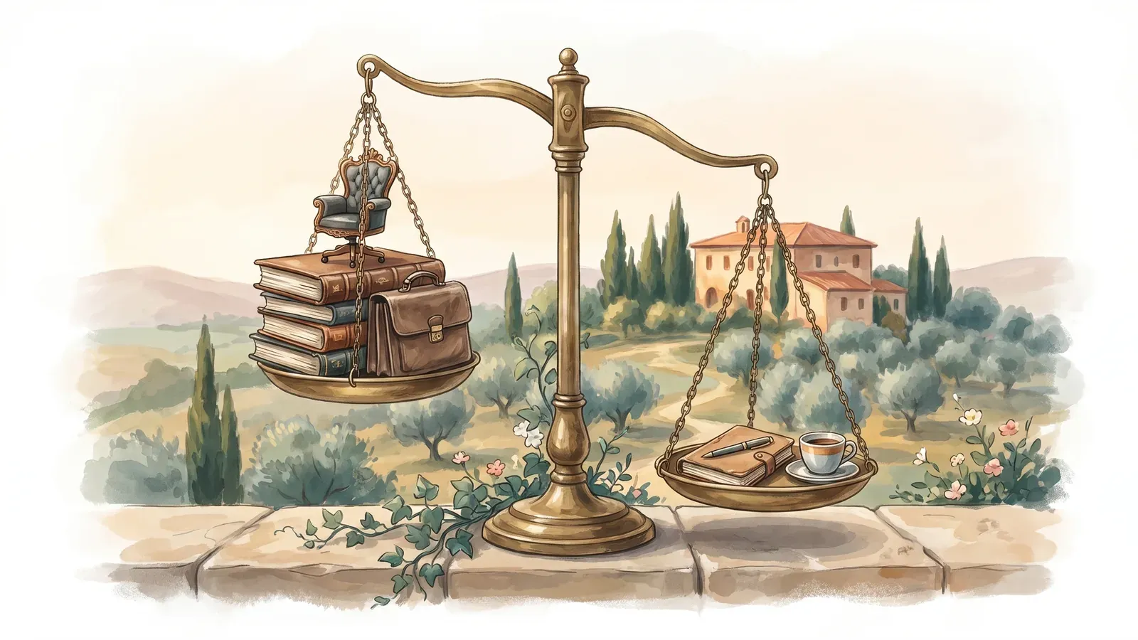Watercolor of a brass scale where one notebook and an espresso outweigh a stack of ledgers and a briefcase