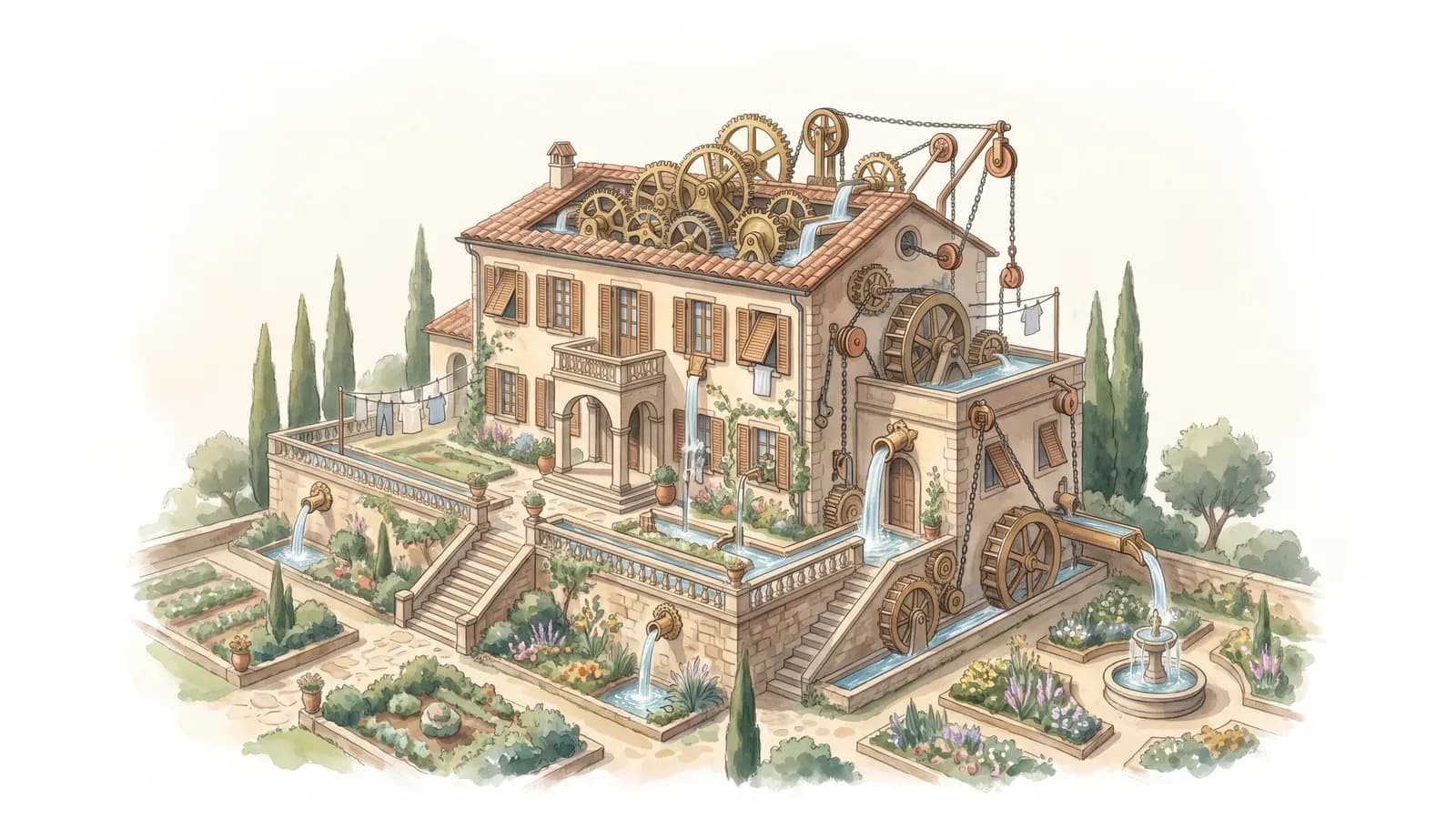 Watercolor of a Tuscan villa whose roof is exposed clockwork running the irrigation, shutters and laundry with no one around