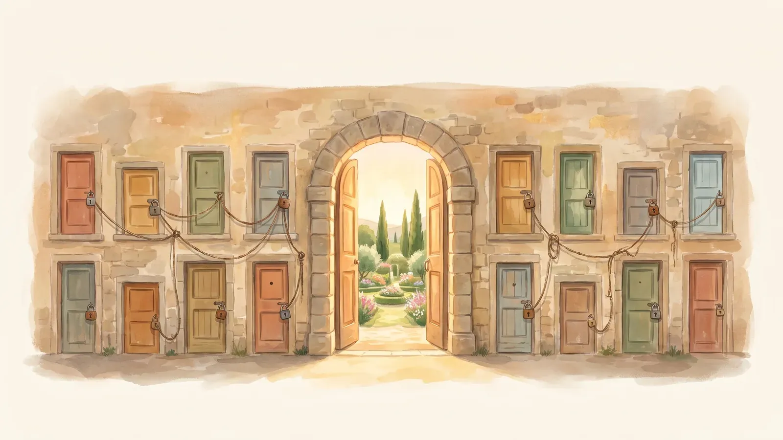 Watercolor of a courtyard wall with fifteen small locked mismatched doors and one open arched doorway full of light