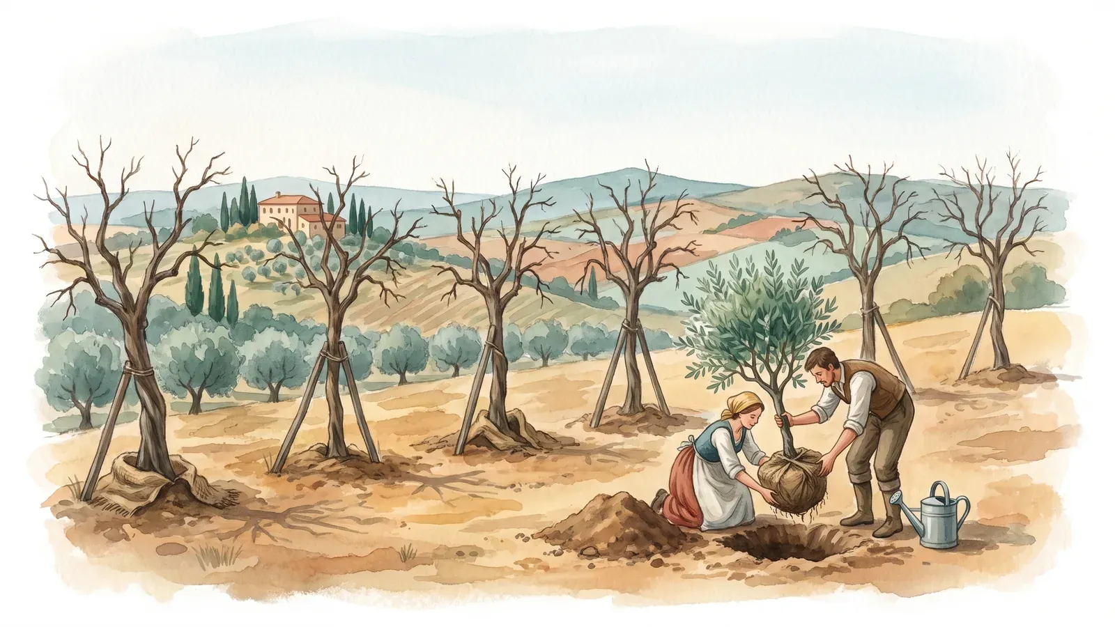 Watercolor of six dead staked olive transplants in a row while two people plant one healthy tree in front