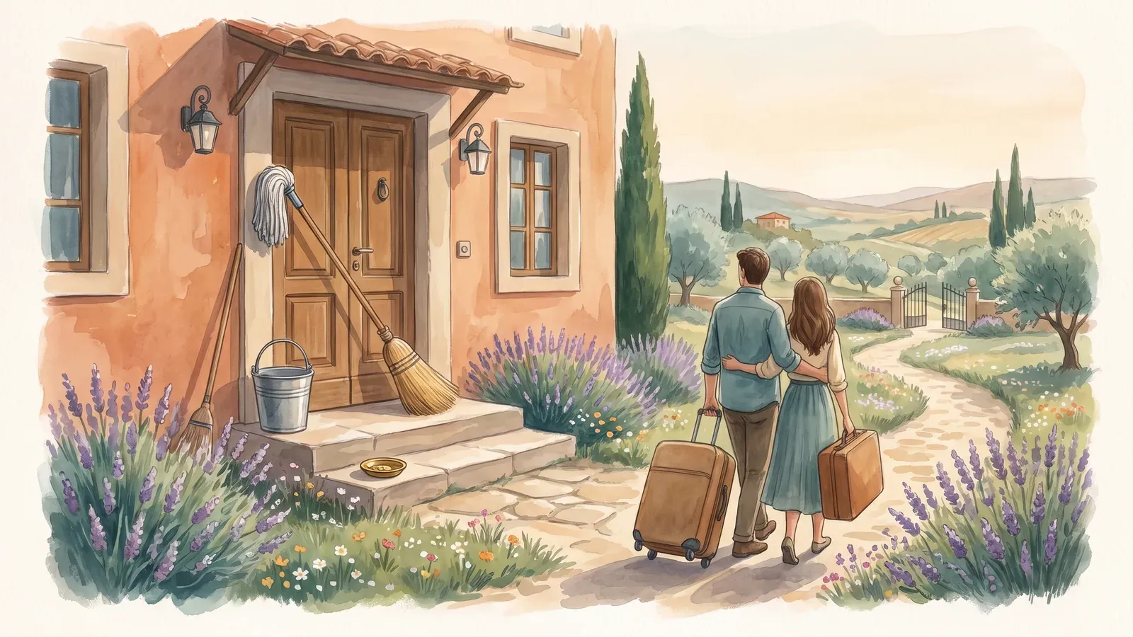 Watercolor of a mop and bucket blocking a villa doorway while a couple with suitcases walks away