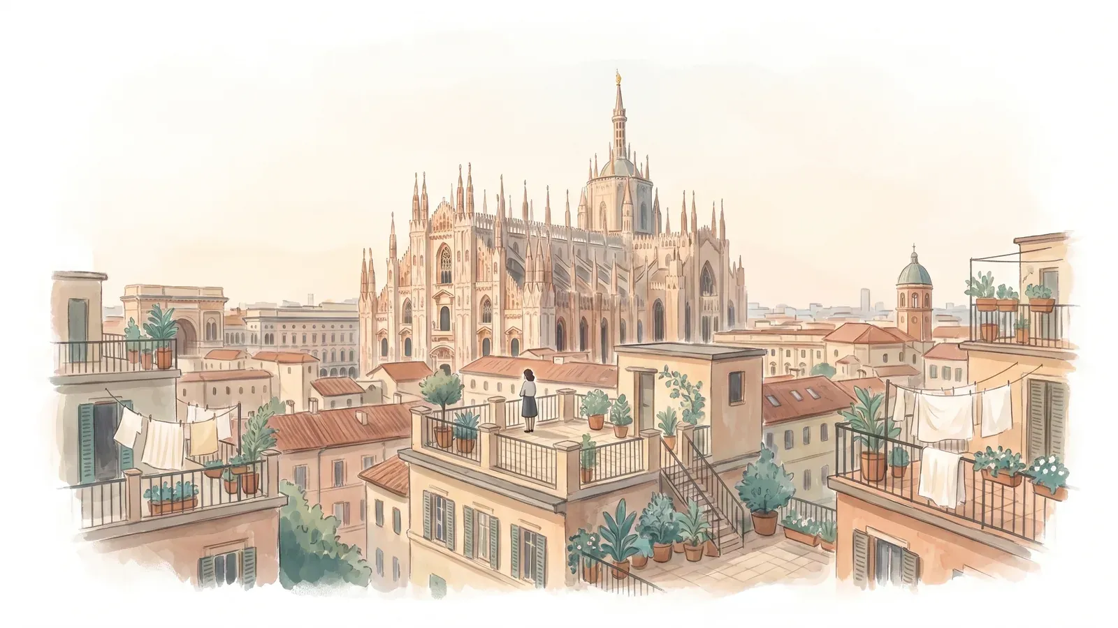 Watercolor of Milan rooftops and balconies with the Duomo spires in the distance
