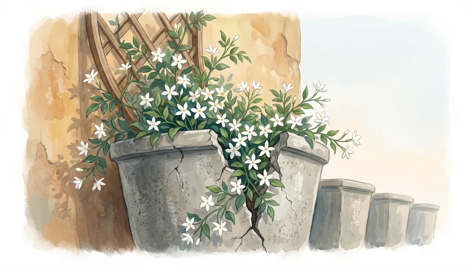 Watercolor of a concrete planter split open with a flowering vine bursting through the crack onto a trellis