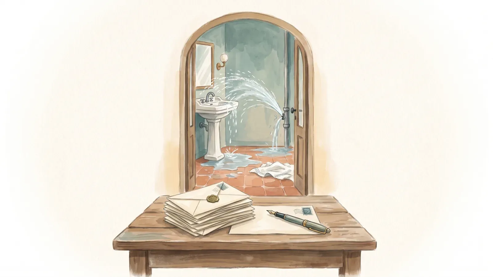 Watercolor of stamped replies on a table while a burst pipe floods the bathroom behind the open door