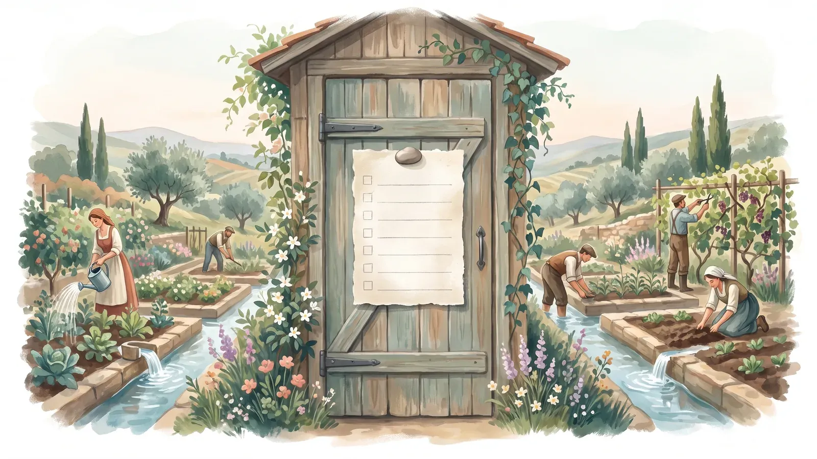 Watercolor of a blank checklist pinned to a shed door with a whole garden being tended beyond it