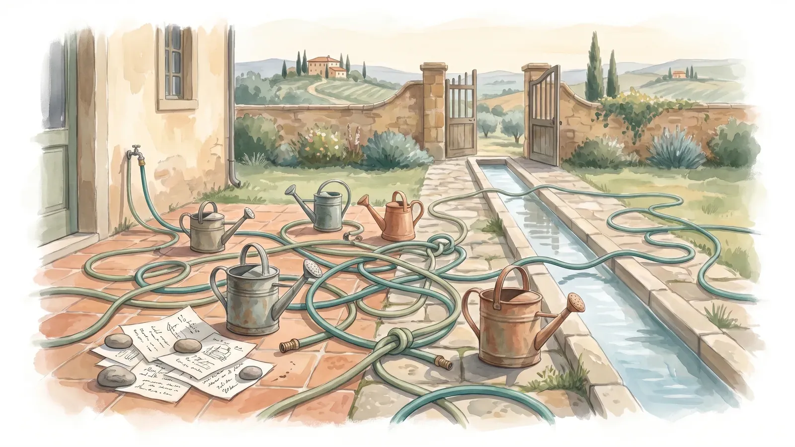 Watercolor of a courtyard tangled with garden hoses and notes beside a single clean irrigation channel